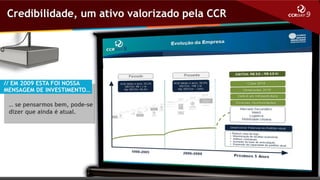 Credibilidade, um ativo valorizado pela CCR

// EM 2009 ESTA FOI NOSSA
MENSAGEM DE INVESTIMENTO…
… se pensarmos bem, pode-se
dizer que ainda é atual.

 