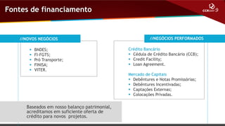 Fontes de financiamento

//NOVOS NEGÓCIOS






BNDES;
FI-FGTS;
Pró Transporte;
FINISA;
VITER.

Baseados em nosso balanço patrimonial,
acreditamos em suficiente oferta de
crédito para novos projetos.

//NEGÓCIOS PERFORMADOS
Crédito Bancário
 Cédula de Crédito Bancário (CCB);
 Credit Facility;
 Loan Agreement.
Mercado de Capitais
 Debêntures e Notas Promissórias;
 Debêntures Incentivadas;
 Captações Externas;
 Colocações Privadas.

 