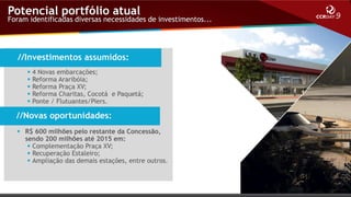 Potencial portfólio atual

Foram identificadas diversas necessidades de investimentos...

//Investimentos assumidos:






4 Novas embarcações;
Reforma Araribóia;
Reforma Praça XV;
Reforma Charitas, Cocotá e Paquetá;
Ponte / Flutuantes/Piers.

//Novas oportunidades:
 R$ 600 milhões pelo restante da Concessão,
sendo 200 milhões até 2015 em:
 Complementação Praça XV;
 Recuperação Estaleiro;
 Ampliação das demais estações, entre outros.

 