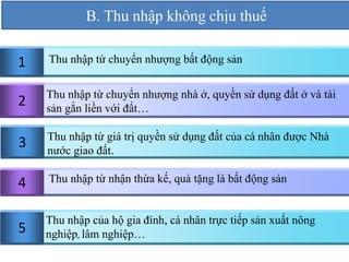 1 
2 
3 
4 
5 
B. Thu nhập không chịu thuế 
Thu nhập từ chuyển nhượng bất động sản 
Thu nhập từ chuyển nhượng nhà ở, quyền sử dụng đất ở và tài 
sản gắn liền với đất… 
Thu nhập từ giá trị quyền sử dụng đất của cá nhân được Nhà 
nước giao đất. 
Thu nhập từ nhận thừa kế, quà tặng là bất động sản 
Thu nhập của hộ gia đình, cá nhân trực tiếp sản xuất nông 
nghiệp, lâm nghiệp… 
 