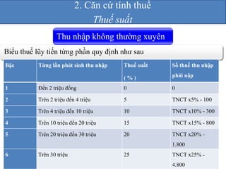 2. Căn cứ tính thuế 
Thuế suất 
Thu nhập không thường xuyên 
Biểu thuế lũy tiến từng phần quy định như sau 
Bậc Từng lần phát sinh thu nhập Thuế suất 
( % ) 
Số thuế thu nhập 
phải nộp 
1 Đến 2 triệu đồng 0 0 
2 Trên 2 triệu đến 4 triệu 5 TNCT x5% - 100 
3 Trên 4 triệu đến 10 triệu 10 TNCT x10% - 300 
4 Trên 10 triệu đến 20 triệu 15 TNCT x15% - 800 
5 Trên 20 triệu đến 30 triệu 20 TNCT x20% - 
1.800 
6 Trên 30 triệu 25 TNCT x25% - 
4.800 
 