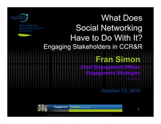 What Does
                               Social Networking
                              Have to Do With It?
Engaging Stakeholders in CCR&R

                                                               Fran Simon
                                           Chief Engagement Officer
                                             Engagement Strategies
                                                             --------

                                                                      October 13, 2010


                                                                                                                          1
Licensed under the Creative Commons Attribution-Noncommercial-Share Alike 3.0 License
                                                                                               QuickTime™ and a
                                                                                                 decompressor
                                                                                        are needed to see this picture.
 