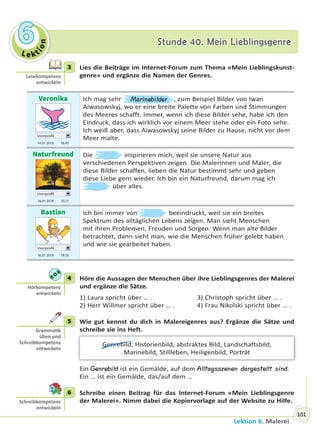Le kt
ion
66 Stunde 40. Mein LieblingsgenreStunde 40. Mein Lieblingsgenre
Lektion 6. Malerei
101
3 Lies die Beiträge im Internet-Forum zum Thema «Mein Lieblingskunst-
genre» und ergänze die Namen der Genres.
Veronika
Userprofil
14.01 2019 16.45
Ich mag sehr Marinebilder , zum Beispiel Bilder von Iwan
Aiwasowskyj, wo er eine breite Palette von Farben und Stimmungen
des Meeres schafft. Immer, wenn ich diese Bilder sehe, habe ich den
Eindruck, dass ich wirklich vor einem Meer stehe oder ein Foto sehe.
Ich weiß aber, dass Aiwasowskyj seine Bilder zu Hause, nicht vor dem
Meer malte.
Naturfreund
Userprofil
16.01 2019 10.17
Die inspirieren mich, weil sie unsere Natur aus
verschiedenen Perspektiven zeigen. Die Malerinnen und Maler, die
diese Bilder schaffen, lieben die Natur bestimmt sehr und geben
diese Liebe gern wieder. Ich bin ein Naturfreund, darum mag ich
über alles.
Bastian
Userprofil
16.01 2019 19.55
Ich bin immer von beeindruckt, weil sie ein breites
Spektrum des alltäglichen Lebens zeigen. Man sieht Menschen
mit ihren Problemen, Freuden und Sorgen. Wenn man alte Bilder
betrachtet, dann sieht man, wie die Menschen früher gelebt haben
und wie sie gearbeitet haben.
4 Höre die Aussagen der Menschen über ihre Lieblingsgenres der Malerei
und ergänze die Sätze.
1) Laura spricht über … . 3) Christoph spricht über … .
2) Herr Willmer spricht über … . 4) Frau Nikolski spricht über … .
5 Wie gut kennst du dich in Malereigenres aus? Ergänze die Sätze und
schreibe sie ins Heft.
Genrebild, Historienbild, abstraktes Bild, Landschaftsbild,
Marinebild, Stillleben, Heiligenbild, Porträt
Ein Genrebild ist ein Gemälde, auf dem Alltagsszenen dargestellt sind.
Ein … ist ein Gemälde, das/auf dem …
6 Schreibe einen Beitrag für das Internet-Forum «Mein Lieblingsgenre
der Malerei». Nimm dabei die Kopiervorlage auf der Website zu Hilfe.
3
Lesekompetenz
entwickeln
4
Hörkompetenz
entwickeln
5
Gramma k
üben und
Schreibkompetenz
entwickeln
6
Schreibkompetenz
entwickeln
Право для безоплатного розміщення підручника в мережі Інтернет має
Міністерство освіти і науки України http://mon.gov.ua/ та Інститут модернізації змісту освіти https://imzo.gov.ua
 
