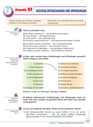 Le kt
ion
77
Lektion 7. Wissenschaft und Fortschritt
123
Stunde 51 WICHTIGE ENTDECKUNGEN UND ERFINDUNGEN
1 Höre zu und sprich nach.
a) der Mann telefoniert — der telefonierende Mann
die Frau lächelt — die lächelnde Frau
das Kind spielt — das spielende Kind
die Forscher experimentieren — die experimentierenden Forscher
b) der Motor wurde entwickelt — der entwickelte Motor
die Arznei wurde erfunden — die erfundene Arznei
das Experiment ist gelungen — das gelungene Experiment
die Strahlen wurden entdeckt — die entdeckten Strahlen
2 a) Won wem wurden diese Entdeckungen und Erfindungen gemacht?
Ordne richtig zu und erzähle.
1) Amerika A) Werner von Siemens
2) der Computer B) Alexander Fleming
3) die Röntgenstrahlen C) Christoph Columbus
4) der Dieselmotor D) Wilhelm Conrad Röntgen
5) die Straßenbahn E) Ferdinand Magellan
6) das Auto F) Konrad Zuse
7) Penicillin G) Rudolf Diesel
8) Seeweg um die Welt H) Carl Benz, Gottlieb Daimler
Amerika wurde von Christoph Columbus entdeckt.
b) Welche bedeutsamen Entdeckungen und Erfindungen kennt ihr
noch? Von wem wurden sie gemacht? Nennt der Reihe nach. Der/Die
Letzte gewinnt.
3 a) Lies und vergleiche die Sätze. Achte auf die markierten Wörter.
1) Der Wissenschaftler forscht an neuen Stoffen. Er ist mit seinen
Resultaten unzufrieden. = Der an neuen Stoffen forschende
Wissenschaftler ist mit seinen Resultaten unzufrieden.
1
Aussprache
üben
2
Gramma k
üben und
Sprechkompetenz
entwickeln
Sprechen:
Informa onen
austauschen
3
Gramma k
üben
erfinden (erfand, hat erfunden), entdecken
(entdeckte, hat entdeckt), entwickeln
(entwickelte, hat entwickelt), forschen (forschte
hat geforscht)
Право для безоплатного розміщення підручника в мережі Інтернет має
Міністерство освіти і науки України http://mon.gov.ua/ та Інститут модернізації змісту освіти https://imzo.gov.ua
 