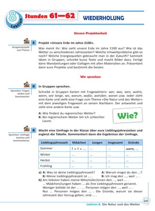 Lektion 8. Die Natur und das Wetter
147
Le kt
ion
88 Stunden 61—62 WIEDERHOLUNG
Unsere Projektarbeit
1 Projekt «Unsere Erde im Jahre 2100».
Was meint ihr: Wie sieht unsere Erde im Jahre 2100 aus? Wie ist das
Wetter zu verschiedenen Jahreszeiten? Welche Umweltprobleme gibt es
noch? Welche Energiequellen gebraucht man in der Zukunft? Sammelt
Ideen in Gruppen, schreibt kurze Texte und macht Bilder dazu. Fertigt
dann Wandzeitungen oder Collagen mit allen Materialien an. Präsentiert
dann eure Projekte und bestimmt die besten.
Wir sprechen
2 In Gruppen sprechen.
Schreibt in Gruppen Karten mit Fragewörtern: wer, was, wen, wohin,
wann, wie lange, wo, warum, wofür, worüber, woran usw. Jeder zieht
eine Karte und stellt eine Frage zum Thema «Die Natur und das Wetter»
mit dem jeweiligen Fragewort an seinen Nachbarn. Der antwortet und
zieht eine andere Karte usw.
A: Wie findest du regnerisches Wetter?
B: Bei regnerischem Wetter bin ich schlechter
Laune.
3 Macht eine Umfrage in der Klasse über eure Lieblingsjahreszeiten und
ergänzt die Tabelle. Kommentiert dann die Ergebnisse der Umfrage.
Lieblingsjahreszeit Mädchen Jungen Insgesamt Gründe
Sommer 1 + 1 + ... ... ... warm, ...
Winter ... ... ... …
Herbst … … … …
Frühling … … … …
a) A: Was ist deine Lieblingsjahreszeit? A: Warum magst du den ...?
B: Meine Lieblingsjahreszeit ist ... . B: Ich mag den ..., weil ... .
b) Am liebsten haben meine Mitschüler/innen den ..., weil ... .
... Mädchen/Jungen haben ... als ihre Lieblingsjahreszeit genannt.
Weniger beliebt ist der ... . ... Personen mögen den ..., weil ... .
Nur ... Personen mögen den ... . Die Gründe, warum sie dieser
Jahreszeit den Vorzug geben, sind ... .
1
Gruppenprojekt
zum Thema
2
Sprechen: Fragen
stellen und
beantworten
Wie?
3
Sprechen: Umfrage
machen und
kommen eren
Право для безоплатного розміщення підручника в мережі Інтернет має
Міністерство освіти і науки України http://mon.gov.ua/ та Інститут модернізації змісту освіти https://imzo.gov.ua
 