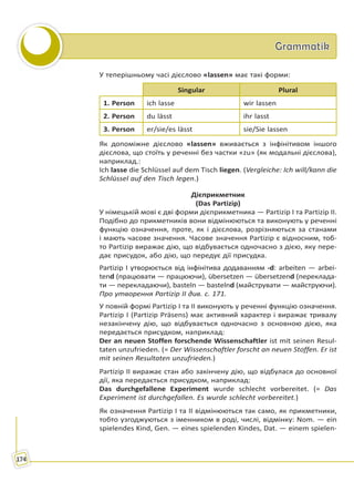 GrammatikGrammatik
174
У теперішньому часі дієслово «lassen» має такі форми:
Singular Plural
1. Person ich lasse wir lassen
2. Person du lässt ihr lasst
3. Person er/sie/es lässt sie/Sie lassen
Як допоміжне дієслово «lassen» вживається з інфінітивом іншого
дієслова, що стоїть у реченні без частки «zu» (як модальні дієслова),
наприклад.:
Ich lasse die Schlüssel auf dem Tisch liegen. (Vergleiche: Ich will/kann die
Schlüssel auf den Tisch legen.)
Дієприкметник
(Das Partizip)
У німецькій мові є дві форми дієприкметника — Partizip І та Partizip ІІ.
Подібно до прикметників вони відмінюються та виконують у реченні
функцію означення, проте, як і дієслова, розрізняються за станами
і мають часове значення. Часове значення Partizip є відносним, тоб-
то Partizip виражає дію, що відбувається одночасно з дією, яку пере-
дає присудок, або дію, що передує дії присудка.
Partizip І утворюється від інфінітива додаванням -d: arbeiten — arbei-
tend (працювати — працюючи), übersetzen — übersetzend (переклада-
ти — перекладаючи), basteln — bastelnd (майструвати — майструючи).
Про утворення Partizip II див. с. 171.
У повній формі Partizip І та II виконують у реченні функцію означення.
Partizip І (Partizip Präsens) має активний характер і виражає тривалу
незакінчену дію, що відбувається одночасно з основною дією, яка
передається присудком, наприклад:
Der an neuen Stoffen forschende Wissenschaftler ist mit seinen Resul-
taten unzufrieden. (= Der Wissenschaftler forscht an neuen Stoffen. Er ist
mit seinen Resultaten unzufrieden.)
Partizip ІІ виражає стан або закінчену дію, що відбулася до основної
дії, яка передається присудком, наприклад:
Das durchgefallene Experiment wurde schlecht vorbereitet. (= Das
Experiment ist durchgefallen. Es wurde schlecht vorbereitet.)
Як означення Partizip І та II відмінюються так само, як прикметники,
тобто узгоджуються з іменником в роді, числі, відмінку: Nom. — ein
spielendes Kind, Gen. — eines spielenden Kindes, Dat. — einem spielen-
Право для безоплатного розміщення підручника в мережі Інтернет має
Міністерство освіти і науки України http://mon.gov.ua/ та Інститут модернізації змісту освіти https://imzo.gov.ua
 