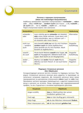 GrammatikGrammatik
176
Речення з парними сполучниками
(Sätze mit mehrteiligen Konjunktionen)
Найбільш вживаними парними сполучниками є «entweder ... oder»
(або ... або), «nicht nur ... sondern auch» (не тільки ... а й), «sowohl ...
als auch» (як ... так і), «weder ... noch» (ні ... ні) тощо.
Парні сполучники мають такі значення:
Konjunktion Beispiel Bedeutung
entweder …
oder
Leon möchte gerne entweder ein Kotelett
oder einen Steak nehmen. (Leon kann sich
nicht entscheiden, was er nehmen soll —
ein Kotelett oder einen Steak.)
Alternative
nicht nur
… sondern
auch
Jana bestellt nicht nur ein Eis mit Früchten
sondern auch ein Stück Apfelkuchen.
(Jana bestellt ein Eis mit Früchten. Noch
bestellt sie Apfelkuchen.)
Doppelte
Aufzählung
sowohl …
als auch
Heute kocht Melanie sowohl eine Suppe, als
auch ein Hauptgericht. (Melanie kocht eine
Suppe. Noch kocht sie ein Hauptgericht.)
Doppelte
Aufzählung
weder …
noch
Markus isst weder Fleisch noch Wurst.
(Markus isst kein Fleisch. Er isst auch keine
Wurst.)
Doppelte
Negation
Підрядне з’ясувальне речення
(Der Objektsatz)
Складнопідрядні речення містять головну та підрядну частини. Під-
рядне з’ясувальне речення виконує роль додатку та відповідає на
запитання непрямих відмінків. До головного речення воно може
приєднуватися за допомогою сполучників «dass» (що) та «ob» (чи).
Змінювана частина присудка переміщується з другого граматичного
місця в реченні на останнє. Якщо присудок має відокремлюваний
префікс, то він з’єднується з основою відповідного дієслова.
Hauptsatz Objektsatz
Jürgen erzählt, dass er Weihnachten bei seinen
Großeltern gefeiert hat.
Fred sagt, dass er den Ausflug gern mitmacht.
Katja fragt, ob du das Märchen interessant findest.
Peter interessiert sich, ob dir das Konzert gefallen hat.
Право для безоплатного розміщення підручника в мережі Інтернет має
Міністерство освіти і науки України http://mon.gov.ua/ та Інститут модернізації змісту освіти https://imzo.gov.ua
 