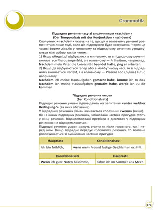 GrammatikGrammatik
177
Підрядне речення часу зі сполучником «nachdem»
(Der Temporalsatz mit der Konjunktion «nachdem»)
Сполучник «nachdem» указує на те, що дія в головному реченні роз-
почнеться лише тоді, коли дія підрядного буде завершена. Через це
часові форми дієслів у головному та підрядному реченнях узгоджу-
ються між собою таким чином:
1) Якщо обидві дії відбувалися в минулому, то в підрядному реченні
вживається Plusquamperfekt, а в головному — Präteritum, наприклад:
Nachdem mein Vater die Universität beendet hatte, ging er arbeiten.
2) Якщо дії відбуваються тепер або в майбутньому часі, то в підряд-
ному вживається Perfekt, а в головному — Präsens або (рідше) Futur,
наприклад:
Nachdem ich meine Hausaufgaben gemacht habe, komme ich zu dir./
Nachdem ich meine Hausaufgaben gemacht habe, werde ich zu dir
kommen.
Підрядне речення умови
(Der Konditionalsatz)
Підрядні речення умови відповідають на запитання «unter welcher
Bedingung?» (за яких обставин?).
У підрядних реченнях умови вживається сполучник «wenn» (якщо).
Як і в інших підрядних реченнях, змінювана частина присудка стоїть
у кінці речення. Відокремлювані префікси в дієсловах у підрядних
реченнях не відокремлюються.
Підрядні речення умови можуть стояти як після головного, так і пе-
ред ним. Якщо підрядне передує головному реченню, то головне
розпочинається зі змінюваної частини присудка:
Hauptsatz Konditionalsatz
Ich bin fröhlich, wenn mein Freund lustige Geschichten erzählt.
Konditionalsatz Hauptsatz
Wenn ich gute Noten bekomme, fahre ich im Sommer ans Meer.
Право для безоплатного розміщення підручника в мережі Інтернет має
Міністерство освіти і науки України http://mon.gov.ua/ та Інститут модернізації змісту освіти https://imzo.gov.ua
 