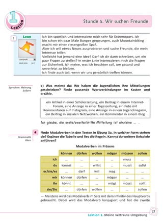 Le kt
ion
11 Stunde 5. Wir suchen FreundeStunde 5. Wir suchen Freunde
Lektion 1. Meine vertraute Umgebung
17
Leon
Userprofil
20.09 2018 14.17
Ich bin sportlich und interessiere mich sehr für Extremsport. Ich
bin schon ein paar Male Bungee gesprungen, auch Mountainbiking
macht mir einen riesengroßen Spaß.
Aber ich will etwas Neues ausprobieren und suche Freunde, die mein
Interesse teilen.
Vielleicht hat jemand eine Idee? Darf ich dir dann schreiben, um ein
paar Fragen zu stellen? In erster Linie interessieren mich die Fragen
zur Sicherheit. Ich meine, was ich beachten soll, um gesund und
unverletzt zu bleiben.
Ich finde auch toll, wenn wir uns persönlich treffen können.
b) Was meinst du: Wo haben die Jugendlichen ihre Mitteilungen
geschrieben? Finde passende Wortverbindungen im Kasten und
erzähle.
ein Artikel in einer Schülerzeitung, ein Beitrag in einem Internet-
Forum, eine Anzeige in einer Tageszeitung, ein Foto mit
Kommentaren auf Instagram, eine Anzeige in einem Jugendmagazin,
ein Beitrag in sozialen Netzwerken, ein Kommentar in einem Blog
Ich glaube, die erste/zweite/dritte Mitteilung ist ein/eine … .
4 Finde Modalverben in den Texten in Übung 3a. In welcher Form stehen
sie? Ergänze die Tabelle und lies die Regeln. Kannst du weitere Beispiele
anführen?
Modalverben im Präsens
können dürfen wollen mögen müssen sollen
ich … … … … muss …
du kannst … willst … musst sollst
er/sie/es … darf will mag … …
wir können dürfen … mögen … …
ihr könnt … … mögt müsst sollt
sie/Sie … dürfen wollen … … sollen
— Meistens wird das Modalverb im Satz mit dem Infinitiv des Hauptverbs
gebraucht. Dabei wird das Modalverb konjugiert und hat die zweite
3
Sprechen: Meinung
äußern
4
Gramma k
üben
Право для безоплатного розміщення підручника в мережі Інтернет має
Міністерство освіти і науки України http://mon.gov.ua/ та Інститут модернізації змісту освіти https://imzo.gov.ua
 