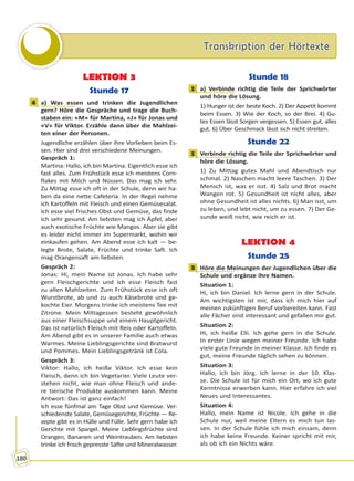 Transkription der HörtexteTranskription der Hörtexte
180
LEKTION 3
Stunde 17
4 a) Was essen und trinken die Jugendlichen
gern? Höre die Gespräche und trage die Buch-
staben ein: «M» für Martina, «J» für Jonas und
«V» für Viktor. Erzähle dann über die Mahlzei-
ten einer der Personen.
Jugendliche erzählen über ihre Vorlieben beim Es-
sen. Hier sind drei verschiedene Meinungen.
Gespräch 1:
Martina: Hallo, ich bin Martina. Eigentlich esse ich
fast alles. Zum Frühstück esse ich meistens Corn-
flakes mit Milch und Nüssen. Das mag ich sehr.
Zu Mittag esse ich oft in der Schule, denn wir ha-
ben da eine nette Cafeteria. In der Regel nehme
ich Kartoffeln mit Fleisch und einen Gemüsesalat.
Ich esse viel frisches Obst und Gemüse, das finde
ich sehr gesund. Am liebsten mag ich Äpfel, aber
auch exotische Früchte wie Mangos. Aber sie gibt
es leider nicht immer im Supermarkt, wohin wir
einkaufen gehen. Am Abend esse ich kalt — be-
legte Brote, Salate, Früchte und trinke Saft. Ich
mag Orangensaft am liebsten.
Gespräch 2:
Jonas: Hi, mein Name ist Jonas. Ich habe sehr
gern Fleischgerichte und ich esse Fleisch fast
zu allen Mahlzeiten. Zum Frühstück esse ich oft
Wurstbrote, ab und zu auch Käsebrote und ge-
kochte Eier. Morgens trinke ich meistens Tee mit
Zitrone. Mein Mittagessen besteht gewöhnlich
aus einer Fleischsuppe und einem Hauptgericht.
Das ist natürlich Fleisch mit Reis oder Kartoffeln.
Am Abend gibt es in unserer Familie auch etwas
Warmes. Meine Lieblingsgerichte sind Bratwurst
und Pommes. Mein Lieblingsgetränk ist Cola.
Gespräch 3:
Viktor: Hallo, ich heiße Viktor. Ich esse kein
Fleisch, denn ich bin Vegetarier. Viele Leute ver-
stehen nicht, wie man ohne Fleisch und ande-
re tierische Produkte auskommen kann. Meine
Antwort: Das ist ganz einfach!
Ich esse fünfmal am Tage Obst und Gemüse. Ver-
schiedenste Salate, Gemüsegerichte, Früchte — Re-
zepte gibt es in Hülle und Fülle. Sehr gern habe ich
Gerichte mit Spargel. Meine Lieblingsfrüchte sind
Orangen, Bananen und Weintrauben. Am liebsten
trinke ich frisch gepresste Säfte und Mineralwasser.
Stunde 18
1 a) Verbinde richtig die Teile der Sprichwörter
und höre die Lösung.
1) Hunger ist der beste Koch. 2) Der Appetit kommt
beim Essen. 3) Wie der Koch, so der Brei. 4) Gu-
tes Essen lässt Sorgen vergessen. 5) Essen gut, alles
gut. 6) Über Geschmack lässt sich nicht streiten.
Stunde 22
1 Verbinde richtig die Teile der Sprichwörter und
höre die Lösung.
1) Zu Mittag gutes Mahl und Abendtisch nur
schmal. 2) Naschen macht leere Taschen. 3) Der
Mensch ist, was er isst. 4) Salz und Brot macht
Wangen rot. 5) Gesundheit ist nicht alles, aber
ohne Gesundheit ist alles nichts. 6) Man isst, um
zu leben, und lebt nicht, um zu essen. 7) Der Ge-
sunde weiß nicht, wie reich er ist.
LEKTION 4
Stunde 25
3 Höre die Meinungen der Jugendlichen über die
Schule und ergänze ihre Namen.
Situation 1:
Hi, ich bin Daniel. Ich lerne gern in der Schule.
Am wichtigsten ist mir, dass ich mich hier auf
meinen zukünftigen Beruf vorbereiten kann. Fast
alle Fächer sind interessant und gefallen mir gut.
Situation 2:
Hi, ich heiße Elli. Ich gehe gern in die Schule.
In erster Linie wegen meiner Freunde. Ich habe
viele gute Freunde in meiner Klasse. Ich finde es
gut, meine Freunde täglich sehen zu können.
Situation 3:
Hallo, ich bin Jörg. Ich lerne in der 10. Klas-
se. Die Schule ist für mich ein Ort, wo ich gute
Kenntnisse erwerben kann. Hier erfahre ich viel
Neues und Interessantes.
Situation 4:
Hallo, mein Name ist Nicole. Ich gehe in die
Schule nur, weil meine Eltern es mich tun las-
sen. In der Schule fühle ich mich einsam, denn
ich habe keine Freunde. Keiner spricht mit mir,
als ob ich ein Nichts wäre.
4
1
1
3
Право для безоплатного розміщення підручника в мережі Інтернет має
Міністерство освіти і науки України http://mon.gov.ua/ та Інститут модернізації змісту освіти https://imzo.gov.ua
 