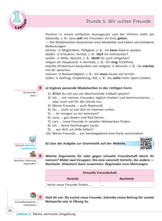 Le ktion
11 Stunde 5. Wir suchen FreundeStunde 5. Wir suchen Freunde
Lektion 1. Meine vertraute Umgebung
18
Position in einem einfachen Aussagesatz und der Infinitiv steht am
Satzende, z. B.: Jana will mit Freunden ins Kino gehen.
— Die Modalverben bezeichnen eine Modalität und haben verschiedene
Bedeutungen:
können → Möglichkeit, Fähigkeit, z. B.: Ich kann Gitarre spielen.
dürfen → Erlaubnis, Verbot, z. B.: Darf ich mitmachen?
wollen → Wille, Absicht, z. B.: Wollt ihr auch mitgehen?
mögen als Hauptverb → Vorliebe, z. B.: Ich mag Trickfilme.
möchte (Präteritum Konjunktiv von mögen) → Wunsch, z. B.: Sie möchte
mit dir sprechen.
müssen → Notwendigkeit, z. B.: Ich muss heute viel lernen.
sollen → Auftrag, Empfehlung, Rat, z. B.: Du sollst mehr Sport treiben.
5 a) Ergänze passende Modalverben in der richtigen Form.
1) Willst du mit uns am Wochenende Fußball spielen?
2) Ich … mit meinen Freunden täglich chatten und kommunizieren, …
aber auch viel für die Schule tun.
3) Meine Freunde … auch Rapmusik.
4) Du … nicht so viel Zeit im Internet surfen.
5) … ihr morgen zu mir kommen?
6) Lene … gut skaten und Rad fahren.
7) Lars … neue Freunde in sozialen Netzwerken finden.
8) Ich … keine hochnäsigen Leute.
9) ... wir dich um Hilfe bitten?
10) Meine Freunde … am Samstagabend eine Party veranstalten.
b) Löse die Aufgabe zur Grammatik auf der Website.
6 Welche Argumente für oder gegen virtuelle Freundschaft könnt ihr
nennen? Bildet zwei Gruppen: Die eine sammelt Vorteile, die andere —
Nachteile. Diskutiert dann zusammen. Begründet eure Meinungen.
Virtuelle Freundschaft
Vorteile Nachteile
leicht neue Freunde finden, … …
7 Stell dir vor: Du suchst neue Freunde. Schreibe einen Beitrag für soziale
Netzwerke wie in Übung 3a.
5
Gramma k
üben
Geh auf: interac ve.
ranok.com.ua
r WWebsitee.
6
Sprechen: Meinung
begründen
7
Schreibkompetenz
entwickeln
Право для безоплатного розміщення підручника в мережі Інтернет має
Міністерство освіти і науки України http://mon.gov.ua/ та Інститут модернізації змісту освіти https://imzo.gov.ua
 