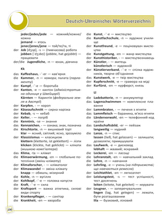 Deutsch-Ukrainisches WörterverzeichnisDeutsch-Ukrainisches Wörterverzeichnis
196
jeder/jedes/jede — кожний/кожне/
кожна
jemand — хтось
jener/jenes/jene — той/те/та, ті
der Job [dʒɔp], -s — (тимчасова) робота
jobben [ˈdʒɔbṇ] (jobbte, hat gejobbt) —
працювати
der/die Jugendliche, -n — юнак, дівчина
Kk
das Kaffeehaus, -¨-er — кав’ярня
die Kammer, -n — комора; палата (парла-
менту)
der Kampf, -¨-e — боротьба
der Kanton, -e — кантон (адміністратив-
на одиниця у Швейцарії)
Kärnten — Каринтія (федеральна зем-
ля в Австрії)
der Karpfen, - — короп
der Käseaufschnitt — сирна нарізка
der Kebab, -s — кебаб
der Keller, - — погріб
die Kenntnis, -se — знання
das Kennzeichen, - — ознака; знак, позначка
die Kirschtorte, -n — вишневий торт
klar — ясний, світлий; ясно, зрозуміло
der Klassizismus — класицизм
klettern (kletterte, ist geklettert) — лізти
klicken (klickte, hat geklickt) — клікати
(мишкою комп’ютера)
das Klima, -ta — клімат
die Klimaerwärmung, -en — глобальне по-
тепління (зміни клімату)
der Klimaforscher, - — кліматолог
der Klimawandel — зміна клімату
knapp — обмаль; мізерний
die Kohle, -n — вугілля
der Kohlkopf, -¨-e — головка капусти
die Kraft, -¨-e — сила
der Kraftsport — важка атлетика, силові
види спорту
der Krankenpfleger, - — санітар
die Krankheit, -en — хвороба
die Kunst, -¨-e — мистецтво
die Kunstfachschule, -n — художнє учили-
ще
der Kunstfreund, -e — поціновувач мисте-
цтва
die Kunstgattung, -en — жанр мистецтва
der Kunsthistoriker, - — мистецтвознавець
der Künstler, - — митець
künstlerisch — художній
der Künstlerverband, -¨-e — спілка худож-
ників, творче об’єднання
das Kunstwerk, -e — твір мистецтва
der Kupferschnitt, -e — гравюра на міді
der Kurfürst, -en — курфюрст, князь
Ll
die Ladebatterie, -n — аккумулятор
das Lagenschwimmen — комплексне пла-
вання
der Lammbraten, - — печеня з ягняти
das Lammfleisch — баранина, м’ясо ягняти
die Ländervorwahl, -en — телефонний код
країни
das Landschaftsbild, -er — пейзаж
langweilig — нудний
die Lanze, -n — спис
lassen (ließ, hat gelassen) — залишати;
дозволяти; примушувати
das Laufwerk, -e — дисковод
lebhaft — жвавий; яскравий
die Leckerei, -en — ласощі
die Lehranstalt, -en — навчальний заклад
die Lehre, -n — навчання
der Lehrling, -e — учень (на підприємстві;
що навчається ремесла)
der Leichtathlet, -en — легкоатлет
der Leistungstest, -s — тест успішності,
тест досягнень
leiten (leitete, hat geleitet) — керувати
der Leugner, - — заперечувальник
liegen (lag, hat gelegen) — лежати,
бути розташованим
lila — бузковий, ліловий
Право для безоплатного розміщення підручника в мережі Інтернет має
Міністерство освіти і науки України http://mon.gov.ua/ та Інститут модернізації змісту освіти https://imzo.gov.ua
 
