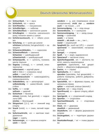 Deutsch-Ukrainisches WörterverzeichnisDeutsch-Ukrainisches Wörterverzeichnis
200
der Schnurrbart, -¨-e — вуса
die Schönheit, -en — краса
der Schriftsteller, - — письменник
der Schuhfertiger, - — чоботар
der Schulabschluss — закінчення школи
der Schulbeginn — початок навчального
року; початок занять у школі
der Schüleraustausch, -e — обмін учня-
ми
der Schulweg, -e — шлях до школи
schützen (schützte, hat geschützt) — за-
хищати
der Schwarzerdeboden, -¨- — чорнозем
das Schweinefleisch — свинина
Schweizer — швейцарський
schweizerisch — швейцарський
der Schwerpunkt, -e — сутність, головне;
центр тяжіння
der Segway [ˈsɛkwe͜i], -s — сеґвей, елек-
троскутер
sehenswert — вартий уваги
seit (+ Dat.) — з (якогось часу)
selbst — сам/-а/-о/-і
das Selbstbewusstsein — самосвідомість;
самовпевненість
das Selbstbildnis, -se — автопортрет
selbstständig — самостійний; само-
стійно
das Selfie, -s — селфі
seltsam — дивний
die Sicherheit — безпека
simsen (simste, hat gesimst) — надси-
лати СМС
sinnlos — безглуздий
die Skisportart [ˈ∫i:-], -en — лижний вид
спорту
der Snack [snɛk], -s — снек, легкий пере-
кус
die Sofortnachricht, -en — миттєве пові-
домлення
sogar — навіть
die Solarenergie, -n — сонячна енергія
solch — такий
sondern — а, але (переважно після
заперечення); nicht nur … sondern
auch — не тільки ... а й
der Sonnenaufgang, -¨-e — схід сонця
die Sonnenblume, -n — соняшник
der Sonnenuntergang, -¨-e — захід сонця
sonnig — сонячний
sowie — а також
sowohl … als auch — як…, так і…
sozial — соціальний
die Spaghetti [ʃp-; auch sp-] (Pl.) — спагеті
spannend — захопливий; гостросю-
жетний
der Spargel, - — спаржа
der Spaß, -¨-e — жарт, задоволення
der Speerwurf — метання спису
die Speicherkapazität, -en — місткість па-
м’яті, ємкість накопичувача
speichern (speicherte, hat gespei-
chert) — зберігати (інформацію)
die Speise, -n — страва
die Speisekarte, -n — меню
spenden (spendete, hat gespendet) —
робити пожертви, робити добровіль-
ний внесок
die Spezialität, -en — фірмова страва, на-
ціональна страва
spitze — класний; класно (молод.)
die Sportart, -en — вид спорту
der Sportfreund, -e — фанат спорту, вболі-
вальник
das Sportgerät, -e — спортивний снаряд
der Sportler, - — спортсмен
der Sportwettbewerb, -e — спортивне
змагання
der Staat, -en — держава
staatlich — державний
die Staatsform, -en — форма державного
устрою
das Staatsgebiet, -e — територія держа-
ви
das Staatsoberhaupt, -¨-er — глава держа-
ви
Право для безоплатного розміщення підручника в мережі Інтернет має
Міністерство освіти і науки України http://mon.gov.ua/ та Інститут модернізації змісту освіти https://imzo.gov.ua
 