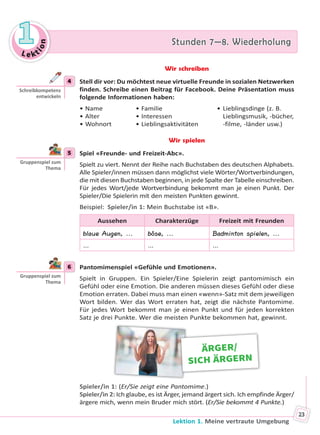Le kt
ion
11 Stunden 7—8. WiederholungStunden 7—8. Wiederholung
Lektion 1. Meine vertraute Umgebung
23
Wir schreiben
4 Stell dir vor: Du möchtest neue virtuelle Freunde in sozialen Netzwerken
finden. Schreibe einen Beitrag für Facebook. Deine Präsentation muss
folgende Informationen haben:
• Name • Familie • Lieblingsdinge (z. B.
• Alter • Interessen Lieblingsmusik, -bücher,
• Wohnort • Lieblingsaktivitäten -filme, -länder usw.)
Wir spielen
5 Spiel «Freunde- und Freizeit-Abc».
Spielt zu viert. Nennt der Reihe nach Buchstaben des deutschen Alphabets.
Alle Spieler/innen müssen dann möglichst viele Wörter/Wortverbindungen,
die mit diesen Buchstaben beginnen, in jede Spalte der Tabelle einschreiben.
Für jedes Wort/jede Wortverbindung bekommt man je einen Punkt. Der
Spieler/Die Spielerin mit den meisten Punkten gewinnt.
Beispiel: Spieler/in 1: Mein Buchstabe ist «B».
Aussehen Charakterzüge Freizeit mit Freunden
blaue Augen, ... böse, ... Badminton spielen, ...
... ... ...
6 Pantomimenspiel «Gefühle und Emotionen».
Spielt in Gruppen. Ein Spieler/Eine Spielerin zeigt pantomimisch ein
Gefühl oder eine Emotion. Die anderen müssen dieses Gefühl oder diese
Emotion erraten. Dabei muss man einen «wenn»-Satz mit dem jeweiligen
Wort bilden. Wer das Wort erraten hat, zeigt die nächste Pantomime.
Für jedes Wort bekommt man je einen Punkt und für jeden korrekten
Satz je drei Punkte. Wer die meisten Punkte bekommen hat, gewinnt.
ÄRGER/
SICH ÄRGERN
Spieler/in 1: (Er/Sie zeigt eine Pantomime.)
Spieler/in 2: Ich glaube, es ist Ärger, jemand ärgert sich. Ich empfinde Ärger/
ärgere mich, wenn mein Bruder mich stört. (Er/Sie bekommt 4 Punkte.)
4
Schreibkompetenz
entwickeln
5
Gruppenspiel zum
Thema
6
Gruppenspiel zum
Thema
Право для безоплатного розміщення підручника в мережі Інтернет має
Міністерство освіти і науки України http://mon.gov.ua/ та Інститут модернізації змісту освіти https://imzo.gov.ua
 