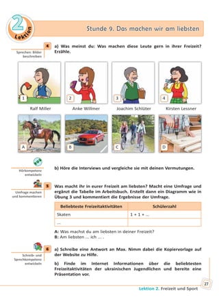 Le kt
ion
22 Stunde 9. Das machen wir am liebstenStunde 9. Das machen wir am liebsten
Lektion 2. Freizeit und Sport
27
4 a) Was meinst du: Was machen diese Leute gern in ihrer Freizeit?
Erzähle.
1 2 3 4
Ralf Miller Anke Willmer Joachim Schlüter Kirsten Lessner
A B C D
b) Höre die Interviews und vergleiche sie mit deinen Vermutungen.
5 Was macht ihr in eurer Freizeit am liebsten? Macht eine Umfrage und
ergänzt die Tabelle im Arbeitsbuch. Erstellt dann ein Diagramm wie in
Übung 3 und kommentiert die Ergebnisse der Umfrage.
Beliebteste Freizeitaktivitäten Schülerzahl
Skaten 1 + 1 + ...
...
A: Was machst du am liebsten in deiner Freizeit?
B: Am liebsten ... ich ... .
6 a) Schreibe eine Antwort an Max. Nimm dabei die Kopiervorlage auf
der Website zu Hilfe.
b) Finde im Internet Informationen über die beliebtesten
Freizeitaktivitäten der ukrainischen Jugendlichen und bereite eine
Präsentation vor.
4
Sprechen: Bilder
beschreiben
Hörkompetenz
entwickeln
5
Umfrage machen
und kommen eren
6
Schreib- und
Sprechkompetenz
entwickeln
Право для безоплатного розміщення підручника в мережі Інтернет має
Міністерство освіти і науки України http://mon.gov.ua/ та Інститут модернізації змісту освіти https://imzo.gov.ua
 