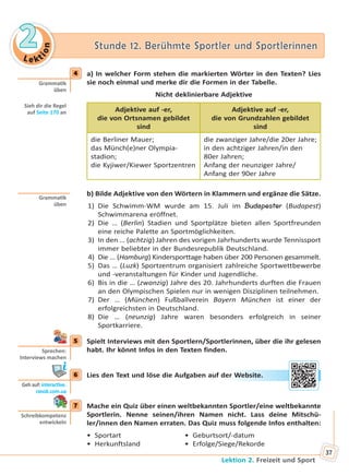 Le kt
ion
22 Stunde 12. Berühmte Sportler und SportlerinnenStunde 12. Berühmte Sportler und Sportlerinnen
Lektion 2. Freizeit und Sport
37
4 a) In welcher Form stehen die markierten Wörter in den Texten? Lies
sie noch einmal und merke dir die Formen in der Tabelle.
Nicht deklinierbare Adjektive
Adjektive auf -er,
die von Ortsnamen gebildet
sind
Adjektive auf -er,
die von Grundzahlen gebildet
sind
die Berliner Mauer;
das Münch(e)ner Olympia-
stadion;
die Kyjiwer/Kiewer Sportzentren
die zwanziger Jahre/die 20er Jahre;
in den achtziger Jahren/in den
80er Jahren;
Anfang der neunziger Jahre/
Anfang der 90er Jahre
b) Bilde Adjektive von den Wörtern in Klammern und ergänze die Sätze.
1) Die Schwimm-WM wurde am 15. Juli im Budapester (Budapest)
Schwimmarena eröffnet.
2) Die … (Berlin) Stadien und Sportplätze bieten allen Sportfreunden
eine reiche Palette an Sportmöglichkeiten.
3) In den … (achtzig) Jahren des vorigen Jahrhunderts wurde Tennissport
immer beliebter in der Bundesrepublik Deutschland.
4) Die … (Hamburg) Kindersporttage haben über 200 Personen gesammelt.
5) Das … (Luzk) Sportzentrum organisiert zahlreiche Sportwettbewerbe
und -veranstaltungen für Kinder und Jugendliche.
6) Bis in die … (zwanzig) Jahre des 20. Jahrhunderts durften die Frauen
an den Olympischen Spielen nur in wenigen Disziplinen teilnehmen.
7) Der … (München) Fußballverein Bayern München ist einer der
erfolgreichsten in Deutschland.
8) Die … (neunzig) Jahre waren besonders erfolgreich in seiner
Sportkarriere.
5 Spielt Interviews mit den Sportlern/Sportlerinnen, über die ihr gelesen
habt. Ihr könnt Infos in den Texten finden.
6 Lies den Text und löse die Aufgaben auf der Website.
7 Mache ein Quiz über einen weltbekannten Sportler/eine weltbekannte
Sportlerin. Nenne seinen/ihren Namen nicht. Lass deine Mitschü-
ler/innen den Namen erraten. Das Quiz muss folgende Infos enthalten:
• Sportart • Geburtsort/-datum
• Herkunftsland • Erfolge/Siege/Rekorde
4
Gramma k
üben
Sieh dir die Regel
auf Seite 170 an
Gramma k
üben
5
Sprechen:
Interviews machen
6
Geh auf: interac ve.
ranok.com.ua
er WWebbsitte.
7
Schreibkompetenz
entwickeln
Право для безоплатного розміщення підручника в мережі Інтернет має
Міністерство освіти і науки України http://mon.gov.ua/ та Інститут модернізації змісту освіти https://imzo.gov.ua
 