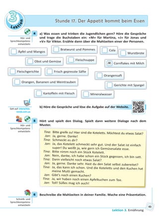 Le kt
ion
33 Stunde 17. Der Appetit kommt beim EssenStunde 17. Der Appetit kommt beim Essen
Lektion 3. Ernährung
49
4 a) Was essen und trinken die Jugendlichen gern? Höre die Gespräche
und trage die Buchstaben ein: «M» für Martina, «J» für Jonas und
«V» für Viktor. Erzähle dann über die Mahlzeiten einer der Personen.
 Äpfel und Mangos
 Fleischsuppe Obst und Gemüse
 Bratwurst und Pommes
 Frisch gepresste Säfte
 Orangen, Bananen und Weintrauben
 Cola
 Gerichte mit Spargel
 Orangensaft
M  Cornflakes mit Milch
 Kartoffeln mit Fleisch
 Wurstbrote
 Fleischgerichte
 Mineralwasser
b) Höre die Gespräche und löse die Aufgabe auf der Website.
5 Hört und spielt den Dialog. Spielt dann weitere Dialoge nach dem
Muster.
Tina: Bitte greife zu! Hier sind die Koteletts. Möchtest du etwas Salat?
Jan: Ja, gerne. Danke!
Tina: Schmeckt es dir?
Jan: Ja, das Kotelett schmeckt sehr gut. Und der Salat ist einfach
super! Du weißt ja, wie gern ich Gemüsesalate esse.
Tina: Bitte nimm noch ein Stück Kotelett.
Jan: Nein, danke, ich habe schon ein Stück gegessen, ich bin satt.
Tina: Dann vielleicht noch etwas Salat?
Jan: Ja, gerne. Danke sehr. Hast du den Salat selbst zubereitet?
Tina: Ja, das kann ich schon. Und die Koteletts und den Kuchen hat
meine Mutti gemacht.
Jan: Gibt’s noch einen Kuchen?
Tina: Ja, wir haben noch einen Apfelkuchen zum Tee.
Jan: Toll! Süßes mag ich auch!
6 Beschreibe die Mahlzeiten in deiner Familie. Mache eine Präsentation.
4
Hör- und
Sprechkompetenz
entwickeln
Geh auf: interac ve.
ranok.com.ua
auuf deer WWebsite.
5
Hör- und
Sprechkompetenz
entwickeln
6
Schreib- und
Sprechkompetenz
entwickeln
Право для безоплатного розміщення підручника в мережі Інтернет має
Міністерство освіти і науки України http://mon.gov.ua/ та Інститут модернізації змісту освіти https://imzo.gov.ua
 