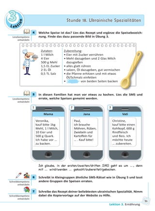 Le kt
ion
33 Stunde 18. Ukrainische SpezialitätenStunde 18. Ukrainische Spezialitäten
Lektion 3. Ernährung
51
4 Welche Speise ist das? Lies das Rezept und ergänze die Speisebezeich-
nung. Finde das dazu passende Bild in Übung 3.
Zutaten:
1 l Milch
4 Eier
500 g Mehl
1,5 EL Zucker
2 EL Öl
0,5 TL Salz
Zubereitung:
• Eier mit Zucker verrühren
• Mehl dazugeben und 2 Glas Milch
dazugießen
• alles glatt rühren
• salzen, Öl dazugeben, gut vermischen
• die Pfanne erhitzen und mit etwas
Öl/Schmalz einfetten
• von beiden Seiten backen
n
5 In diesen Familien hat man vor etwas zu kochen. Lies die SMS und
errate, welche Speisen gemeint werden.
Mama
Veronika,
kauf bitte 1kg
Mehl, 1 l Milch,
10 Eier und
500 g Quark.
Ich habe vor …
zu backen.
1
Jana
Paul,
ich brauche
Möhren, Rüben,
Zwiebeln und
Kartoffeln für
… . Kauf bitte!
2
Vati
Christine,
kauf bitte einen
Kohlkopf, 600 g
Rindfleisch
und Reis. Ich
möchte heute
… zubereiten.
3
Ich glaube, in der ersten/zweiten/dritten SMS geht es um …, denn
mit … wird/werden … gekocht/zubereitet/gebacken.
6 Schreibt in Kleingruppen ähnliche SMS-Rätsel wie in Übung 5 und lasst
andere Gruppen die Speisen erraten.
7 Schreibe das Rezept deiner beliebtesten ukrainischen Spezialität. Nimm
dabei die Kopiervorlage auf der Website zu Hilfe.
4
Lesekompetenz
entwickeln
5
Lesekompetenz
entwickeln
6
Schreibkompetenz
entwickeln
7
Schreibkompetenz
entwickeln
Право для безоплатного розміщення підручника в мережі Інтернет має
Міністерство освіти і науки України http://mon.gov.ua/ та Інститут модернізації змісту освіти https://imzo.gov.ua
 