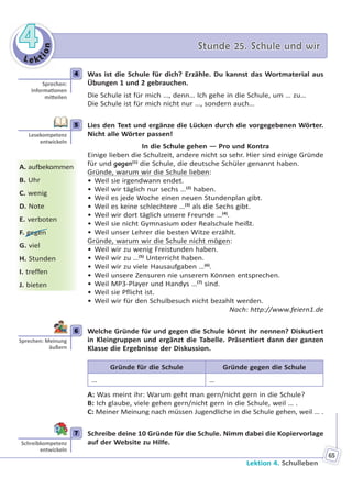 Le kt
ion
44 Stunde 25. Schule und wirStunde 25. Schule und wir
Lektion 4. Schulleben
65
4 Was ist die Schule für dich? Erzähle. Du kannst das Wortmaterial aus
Übungen 1 und 2 gebrauchen.
Die Schule ist für mich …, denn… Ich gehe in die Schule, um … zu…
Die Schule ist für mich nicht nur …, sondern auch…
5 Lies den Text und ergänze die Lücken durch die vorgegebenen Wörter.
Nicht alle Wörter passen!
In die Schule gehen — Pro und Kontra
Einige lieben die Schulzeit, andere nicht so sehr. Hier sind einige Gründe
für und gegen(1)
die Schule, die deutsche Schüler genannt haben.
Gründe, warum wir die Schule lieben:
• Weil sie irgendwann endet.
• Weil wir täglich nur sechs …(2)
haben.
• Weil es jede Woche einen neuen Stundenplan gibt.
• Weil es keine schlechtere …(3)
als die Sechs gibt.
• Weil wir dort täglich unsere Freunde …(4)
.
• Weil sie nicht Gymnasium oder Realschule heißt.
• Weil unser Lehrer die besten Witze erzählt.
Gründe, warum wir die Schule nicht mögen:
• Weil wir zu wenig Freistunden haben.
• Weil wir zu …(5)
Unterricht haben.
• Weil wir zu viele Hausaufgaben …(6)
.
• Weil unsere Zensuren nie unserem Können entsprechen.
• Weil MP3-Player und Handys …(7)
sind.
• Weil sie Pflicht ist.
• Weil wir für den Schulbesuch nicht bezahlt werden.
Nach: http://www.feiern1.de
6 Welche Gründe für und gegen die Schule könnt ihr nennen? Diskutiert
in Kleingruppen und ergänzt die Tabelle. Präsentiert dann der ganzen
Klasse die Ergebnisse der Diskussion.
Gründe für die Schule Gründe gegen die Schule
… …
A: Was meint ihr: Warum geht man gern/nicht gern in die Schule?
B: Ich glaube, viele gehen gern/nicht gern in die Schule, weil … .
C: Meiner Meinung nach müssen Jugendliche in die Schule gehen, weil … .
7 Schreibe deine 10 Gründe für die Schule. Nimm dabei die Kopiervorlage
auf der Website zu Hilfe.
4
Sprechen:
Informa onen
mi eilen
5
Lesekompetenz
entwickeln
A. aufbekommen
B. Uhr
C. wenig
D. Note
E. verboten
F. gegen
G. viel
H. Stunden
I. treffen
J. bieten
6
Sprechen: Meinung
äußern
7
Schreibkompetenz
entwickeln
Право для безоплатного розміщення підручника в мережі Інтернет має
Міністерство освіти і науки України http://mon.gov.ua/ та Інститут модернізації змісту освіти https://imzo.gov.ua
 