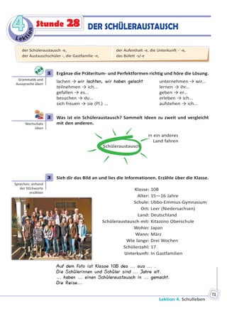 Le kt
ion
44
Lektion 4. Schulleben
71
Stunde 28 DER SCHÜLERAUSTAUSCH
1 Ergänze die Präteritum- und Perfektformen richtig und höre die Lösung.
lachen → wir lachten, wir haben gelacht unternehmen → wir...
teilnehmen → ich... lernen → ihr...
gefallen → es... geben → er...
besuchen → du... erleben → ich...
sich freuen → sie (Pl.) ... aufstehen → ich...
2 Was ist ein Schüleraustausch? Sammelt Ideen zu zweit und vergleicht
mit den anderen.
Schüleraustausch
in ein anderes
Land fahren
3 Sieh dir das Bild an und lies die Informationen. Erzähle über die Klasse.
Klasse: 10B
Alter: 15—16 Jahre
Schule: Ubbo-Emmius-Gymnasium
Ort: Leer (Niedersachsen)
Land: Deutschland
Schüleraustausch mit: Kitazono Oberschule
Wohin: Japan
Wann: März
Wie lange: Drei Wochen
Schülerzahl: 17
Unterkunft: In Gastfamilien
Auf dem Foto ist Klasse 10B des ... aus ... .
Die Schülerinnen und Schüler sind ... Jahre alt.
... haben ... einen Schüleraustausch in ... gemacht.
Die Reise...
1
Gramma k und
Aussprache üben
2
Wortschatz
üben
3
Sprechen: anhand
der S chworte
erzählen
der Schüleraustausch -e,
der Austauschschüler -, die Gastfamilie -n,
der Aufenthalt -e, die Unterkunft -¨-e,
das Büfett -s/-e
Право для безоплатного розміщення підручника в мережі Інтернет має
Міністерство освіти і науки України http://mon.gov.ua/ та Інститут модернізації змісту освіти https://imzo.gov.ua
 