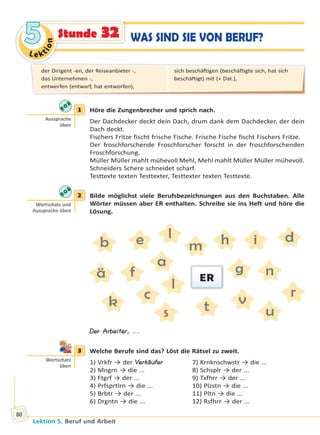 Le ktion
55
Lektion 5. Beruf und Arbeit
80
WAS SIND SIE VON BERUF?Stunde 32
1 Höre die Zungenbrecher und sprich nach.
Der Dachdecker deckt dein Dach, drum dank dem Dachdecker, der dein
Dach deckt.
Fischers Fritze fischt frische Fische. Frische Fische fischt Fischers Fritze.
Der froschforschende Froschforscher forscht in der froschforschenden
Froschforschung.
Müller Müller mahlt mühevoll Mehl, Mehl mahlt Müller Müller mühevoll.
Schneiders Schere schneidet scharf.
Testtexte texten Testtexter, Testtexter texten Testtexte.
2 Bilde möglichst viele Berufsbezeichnungen aus den Buchstaben. Alle
Wörter müssen aber ER enthalten. Schreibe sie ins Heft und höre die
Lösung.
a
k
ä
l
b
l
c
m
d
n
e
r
f
s
g
t
h
u
i
v
ER
Der Arbeiter, ...
3 Welche Berufe sind das? Löst die Rätsel zu zweit.
1) Vrkfr → der Verkäufer 7) Krnknschwstr → die ...
2) Mngrn → die ... 8) Schsplr → der ...
3) Ftgrf → der ... 9) Txfhrr → der ...
4) Prfsprtlrn → die ... 10) Plzstn → die ...
5) Brbtr → der ... 11) Pltn → die ...
6) Drgntn → die ... 12) Rsfhrr → der ...
1
Aussprache
üben
2
Wortschatz und
Aussprache üben
3
Wortschatz
üben
der Dirigent -en, der Reiseanbieter -,
das Unternehmen -,
entwerfen (entwarf, hat entworfen),
sich beschäftigen (beschäftigte sich, hat sich
beschäftigt) mit (+ Dat.),
Право для безоплатного розміщення підручника в мережі Інтернет має
Міністерство освіти і науки України http://mon.gov.ua/ та Інститут модернізації змісту освіти https://imzo.gov.ua
 