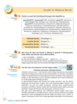 Le ktion
55 Stunde 33. Moderne BerufeStunde 33. Moderne Berufe
Lektion 5. Beruf und Arbeit
84
3 Ordnet zu zweit die Berufsbezeichnungen den Begriffen zu.
Altenpfleger/in, Archäologe/…gin, Arzt/Ärztin, Bäcker/in, Berater/in,
Bakteriologe/…gin, Biologe/…gin, Chemiker/in, Dachdecker/in,
Designer/in, Feuerwehrmann, Fleischer/in, Gebäudereiniger/in,
Friseur/in, Historiker/in, Kinderbetreuer/in, Klimaforscher/in,
Koch/Köchin, Krankenpfleger/in, Künstler/in, Maler/in, Maurer/in,
Mechaniker/in, Mediendesigner/in, Modemacher/in, Moderator/in,
Musiker/in, Optiker/in, Physiker/in, Sanitäter/in, Schuhfertiger/in,
Soziologe/…gin, Tischler/in, Werbetexter/in
Helfende Berufe: Altenpfleger/in, ...
Kreative Berufe: Designer/in, ...
Handwerkliche Berufe: Bäcker/in, ...
Forschende Berufe: Archäologe/…gin, ...
4 Was wisst ihr über die Berufe in Übung 3? Sprecht in Kleingruppen.
Jeder wählt zwei Berufe und erzählt darüber.
... kann in/auf/bei ... arbeiten.
Zu den beruflichen Aufgaben des/der ... gehört es, ... zu ... .
Für diesen Beruf braucht die Person spezielle Kenntnisse/Talent/
Begabung/Kreativität/ Kommunikationsfähigkeit/Teamfähigkeit/... .
5 Lies den Text und antworte auf die Fragen unten.
Höchstes Vertrauen: Helfende Berufe
«Andere rennen raus.— Wir rennen rein!» Dieser Spruch der Feuerwehr
zeigt die Einstellung zum Beruf: Sie sind die Retter in der Not. Und daher
haben Feuerwehrleute ein besonderes Ansehen weltweit. Dies zeigt eine
Studie, in der Menschen aus 27 Ländern weltweit nach ihrem Vertrauen
in 32 Berufsgruppen befragt wurden.
In Deutschland haben alle Berufe ein hohes Ansehen, die für Recht,
Ordnung und Sicherheit sorgen. Das sind Rechtsanwälte, Richter und
Polizisten. So gut wie jeder Deutsche vertraut dem medizinischen
Personal. Auf Platz 1 stehen neben den Feuerwehrleuten daher auch die
Sanitäter. Knapp 96 Prozent der Deutschen vertrauen ihnen.
Das gilt auch international: Die helfenden Berufe liegen weit vorn.
Sanitäter genießen in Großbritannien, Japan und der Schweiz das größte
Vertrauen. Auch pädagogische Berufe haben die Nase vorn. Lehrer in
Indien, Indonesien und in der Türkei genießen besonders viel Vertrauen.
3
Wortschatz
üben
4
Sprechen:
Informa onen
mi eilen
5
Lesekompetenz
entwickeln
Geh auf: interac ve.
ranok.com.ua
unttenn.
Право для безоплатного розміщення підручника в мережі Інтернет має
Міністерство освіти і науки України http://mon.gov.ua/ та Інститут модернізації змісту освіти https://imzo.gov.ua
 