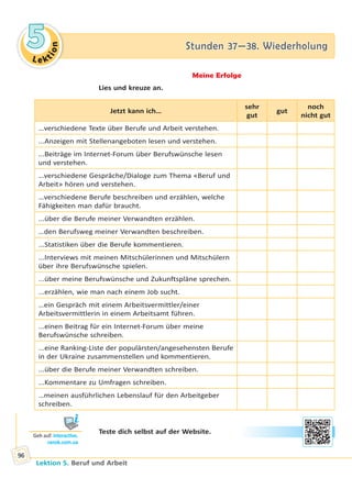 Le ktion
55 Stunden 37—38. WiederholungStunden 37—38. Wiederholung
Lektion 5. Beruf und Arbeit
96
Meine Erfolge
Lies und kreuze an.
Jetzt kann ich…
sehr
gut
gut
noch
nicht gut
…verschiedene Texte über Berufe und Arbeit verstehen.
...Anzeigen mit Stellenangeboten lesen und verstehen.
...Beiträge im Internet-Forum über Berufswünsche lesen
und verstehen.
…verschiedene Gespräche/Dialoge zum Thema «Beruf und
Arbeit» hören und verstehen.
…verschiedene Berufe beschreiben und erzählen, welche
Fähigkeiten man dafür braucht.
...über die Berufe meiner Verwandten erzählen.
…den Berufsweg meiner Verwandten beschreiben.
...Statistiken über die Berufe kommentieren.
...Interviews mit meinen Mitschülerinnen und Mitschülern
über ihre Berufswünsche spielen.
...über meine Berufswünsche und Zukunftspläne sprechen.
...erzählen, wie man nach einem Job sucht.
…ein Gespräch mit einem Arbeitsvermittler/einer
Arbeitsvermittlerin in einem Arbeitsamt führen.
...einen Beitrag für ein Internet-Forum über meine
Berufswünsche schreiben.
...eine Ranking-Liste der populärsten/angesehensten Berufe
in der Ukraine zusammenstellen und kommentieren.
...über die Berufe meiner Verwandten schreiben.
...Kommentare zu Umfragen schreiben.
…meinen ausführlichen Lebenslauf für den Arbeitgeber
schreiben.
Teste dich selbst auf der Website.
Geh auf: interac ve.
ranok.com.ua
Право для безоплатного розміщення підручника в мережі Інтернет має
Міністерство освіти і науки України http://mon.gov.ua/ та Інститут модернізації змісту освіти https://imzo.gov.ua
 