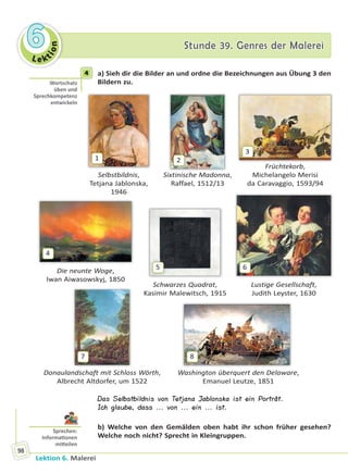 Le ktion
66 Stunde 39. Genres der MalereiStunde 39. Genres der Malerei
Lektion 6. Malerei
98
4 a) Sieh dir die Bilder an und ordne die Bezeichnungen aus Übung 3 den
Bildern zu.
1
Selbstbildnis,
Tetjana Jablonska,
1946
Die neunte Woge,
Iwan Aiwasowskyj, 1850
Donaulandschaft mit Schloss Wörth,
Albrecht Altdorfer, um 1522
Washington überquert den Delaware,
Emanuel Leutze, 1851
Schwarzes Quadrat,
Kasimir Malewitsch, 1915
Lustige Gesellschaft,
Judith Leyster, 1630
Sixtinische Madonna,
Raffael, 1512/13
2
Früchtekorb,
Michelangelo Merisi
da Caravaggio, 1593/94
3
4
5 6
7 8
Das Selbstbildnis von Tetjana Jablonska ist ein Porträt.
Ich glaube, dass ... von ... ein ... ist.
b) Welche von den Gemälden oben habt ihr schon früher gesehen?
Welche noch nicht? Sprecht in Kleingruppen.
4
Wortschatz
üben und
Sprechkompetenz
entwickeln
Sprechen:
Informa onen
mi eilen
Право для безоплатного розміщення підручника в мережі Інтернет має
Міністерство освіти і науки України http://mon.gov.ua/ та Інститут модернізації змісту освіти https://imzo.gov.ua
 