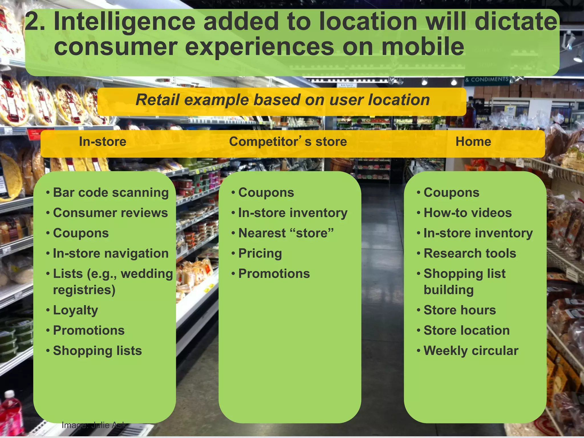 • Bar code scanning
• Consumer reviews
• Coupons
• In-store navigation
• Lists (e.g., wedding
registries)
• Loyalty
• Promotions
• Shopping lists
In-store
• Coupons
• In-store inventory
• Nearest “store”
• Pricing
• Promotions
Competitor’s store
• Coupons
• How-to videos
• In-store inventory
• Research tools
• Shopping list
building
• Store hours
• Store location
• Weekly circular
Home
Retail example based on user location
2. Intelligence added to location will dictate
consumer experiences on mobile
Image: Julie Ask
 