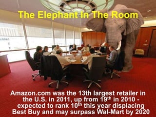 The Elephant In The Room
Amazon.com was the 13th largest retailer in
the U.S. in 2011, up from 19th in 2010 -
expected to rank 10th this year displacing
Best Buy and may surpass Wal-Mart by 2020
 