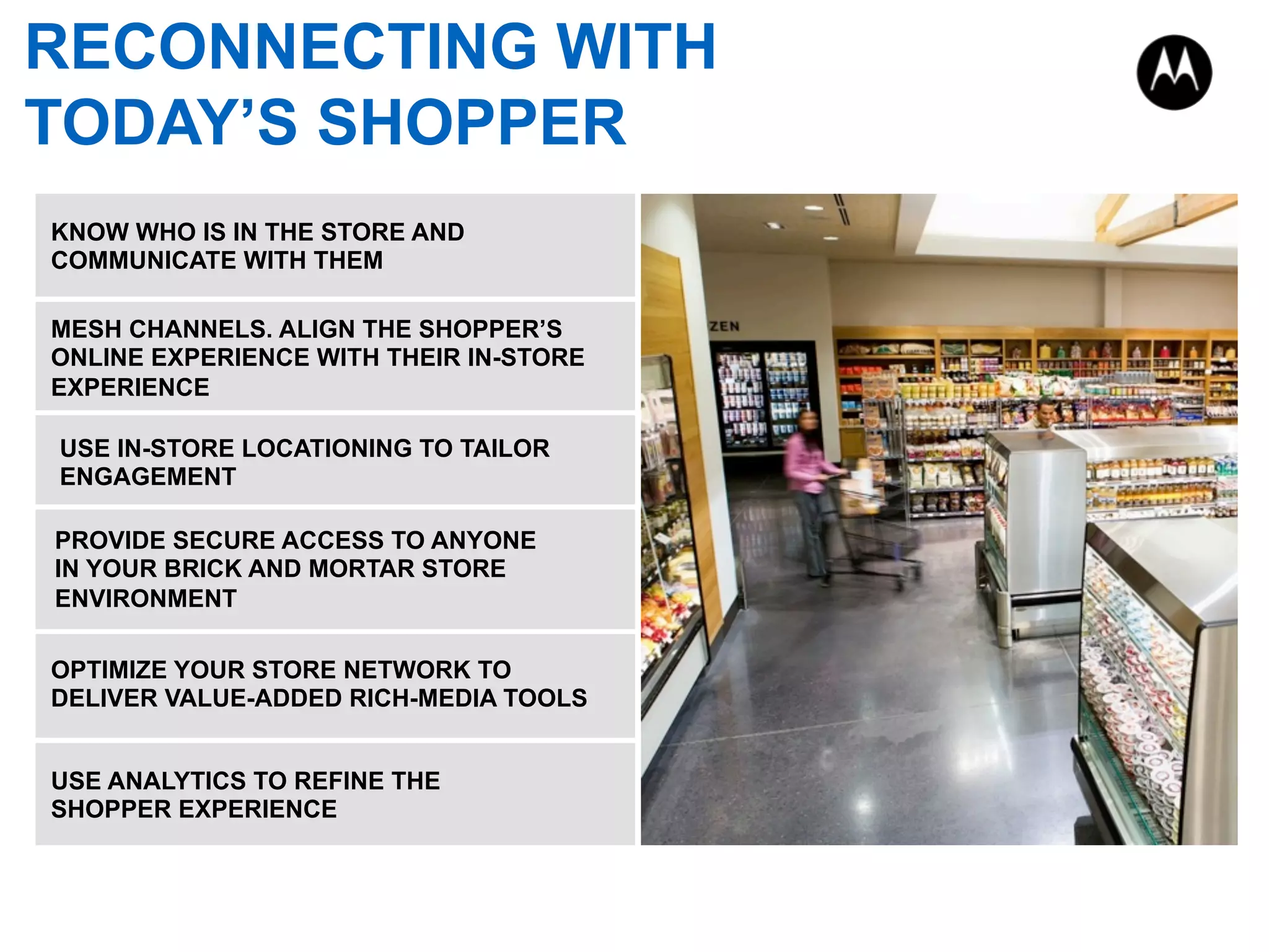 KNOW WHO IS IN THE STORE AND
COMMUNICATE WITH THEM
MESH CHANNELS. ALIGN THE SHOPPER’S
ONLINE EXPERIENCE WITH THEIR IN-STORE
EXPERIENCE
USE IN-STORE LOCATIONING TO TAILOR
ENGAGEMENT
USE ANALYTICS TO REFINE THE
SHOPPER EXPERIENCE
PROVIDE SECURE ACCESS TO ANYONE
IN YOUR BRICK AND MORTAR STORE
ENVIRONMENT
RECONNECTING WITH
TODAY’S SHOPPER
OPTIMIZE YOUR STORE NETWORK TO
DELIVER VALUE-ADDED RICH-MEDIA TOOLS
 