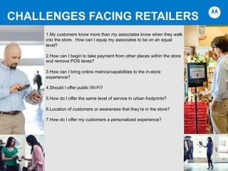 CHALLENGES FACING RETAILERS
1. My customers know more than my associates know when they walk
into the store. How can I equip my associates to be on an equal
level?
2. How can I begin to take payment from other places within the store
and remove POS lanes?
3. How can I bring online metrics/capabilities to the in-store
experience?
4. Should I offer public Wi-Fi?
5. How do I offer the same level of service in urban footprints?
6. Location of customers or awareness that they’re in the store?
7. How do I offer my customers a personalized experience?
 