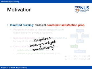 Presented by Abhik Roychoudhury
Directed Greybox Fuzzing
Motivation
• Directed Fuzzing: classical constraint satisfaction prob.

• Program analysis to identify program paths  
that reach given program locations.

• Symbolic Execution to derive path conditions  
for any of the identiﬁed paths.

• Constraint Solving to ﬁnd an input that

• satisﬁes the path condition and thus

• reaches a program location that was given.
φ1 = (x>y)∧(x+y>10) 
φ2 = ¬(x>y)∧(x+y>10)
x > y
a = x a = y
x+y>10
b = a
return b
Requires 
heavy-weight 
machinery!
 