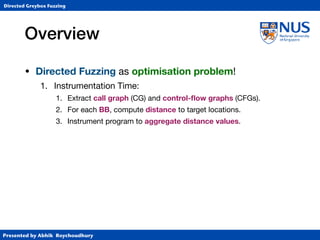 Presented by Abhik Roychoudhury
Directed Greybox Fuzzing
Overview
• Directed Fuzzing as optimisation problem!

1. Instrumentation Time:

1. Extract call graph (CG) and control-ﬂow graphs (CFGs).

2. For each BB, compute distance to target locations.

3. Instrument program to aggregate distance values.
 