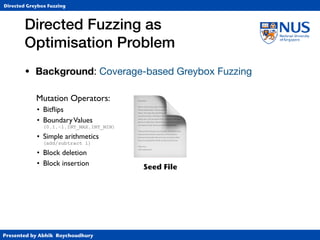 Presented by Abhik Roychoudhury
Directed Greybox Fuzzing
•
Mutation Operators:
• Bitﬂips
• BoundaryValues  
(0,1,-1,INT_MAX,INT_MIN)
• Simple arithmetics 
(add/subtract 1)
• Block deletion
• Block insertion
• Background: Coverage-based Greybox Fuzzing
Directed Fuzzing as  
Optimisation Problem
Seed File
📄
 