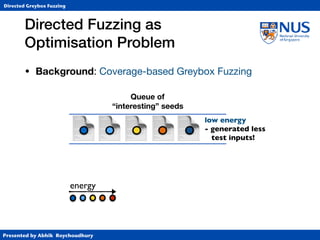 Presented by Abhik Roychoudhury
Directed Greybox Fuzzing
• Background: Coverage-based Greybox Fuzzing
Directed Fuzzing as  
Optimisation Problem
📄📄
Queue of  
“interesting” seeds
📄📄 📄
energy
low energy 
- generated less 
test inputs!
 