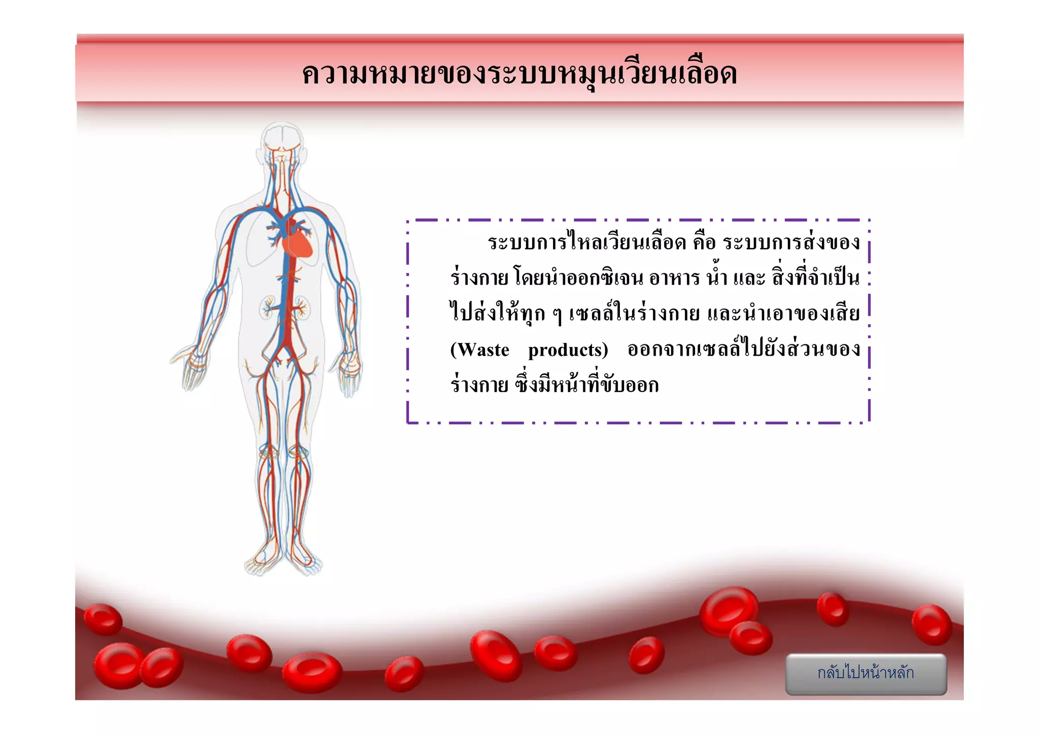 ความหมายของระบบหมุนเวียนเลือด

ระบบการไหลเวียนเลือด คือ ระบบการส่ งของ
ร่ างกาย โดยนําออกซิเจน อาหาร นํา และ สิ งทีจําเป็ น
ไปส่ ง ให้ ทุ ก ๆ เซลล์ ในร่ า งกาย และนําเอาของเสี ย
(Waste products) ออกจากเซลล์ ไปยัง ส่ วนของ
ร่ างกาย ซึงมีหน้ าทีขับออก

กลับไปหน้ าหลัก

 