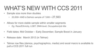 WHAT’S NEW WITH CCS 2011
• Sample size more than doubles
    •   20,000+ AND a bonus sample of 7,000 = 27,563

• Allows for more stable sample within smaller segments
    •   Eg. Race/Ethnicity, LGBT, DMA level, Occupation/job title

• Field dates: Mid October – Early December; Sample Boost in January

• Release date: March 2012 (in Telmar)

• Telmar row files (demos, psychographics, media) and excel macro is available to
  pull a CCS 2011 full run
 