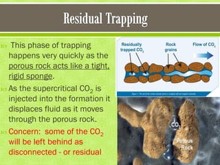  This phase of trapping
happens very quickly as the
porous rock acts like a tight,
rigid sponge.
 As the supercritical CO2 is
injected into the formation it
displaces fluid as it moves
through the porous rock.
 Concern: some of the CO2
will be left behind as
disconnected - or residual
 