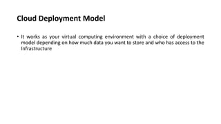 Cloud Deployment Model
• It works as your virtual computing environment with a choice of deployment
model depending on how much data you want to store and who has access to the
Infrastructure
 