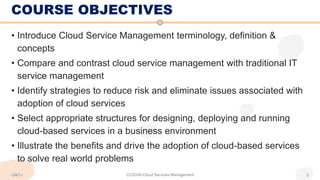 COURSE OBJECTIVES
• Introduce Cloud Service Management terminology, definition &
concepts
• Compare and contrast cloud service management with traditional IT
service management
• Identify strategies to reduce risk and eliminate issues associated with
adoption of cloud services
• Select appropriate structures for designing, deploying and running
cloud-based services in a business environment
• Illustrate the benefits and drive the adoption of cloud-based services
to solve real world problems
CCS336-Cloud Services Management 2
UNIT-I
 