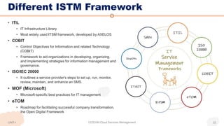 Different ISTM Framework
• ITIL
• IT Infrastructure Library
• Most widely used ITSM framework, developed by AXELOS
• COBIT
• Control Objectives for Information and related Technology
(COBIT)
• Framework to aid organizations in developing, organizing,
and implementing strategies for information management and
governance.
• ISO/IEC 20000
• It outlines a service provider's steps to set up, run, monitor,
review, maintain, and enhance an SMS.
• MOF (Microsoft)
• Microsoft-specific best practices for IT management
• eTOМ
• Roadmap for facilitating successful company transformation,
the Open Digital Framework
UNIT-I CCS336-Cloud Services Management 22
 