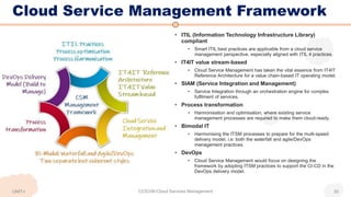 Cloud Service Management Framework
UNIT-I CCS336-Cloud Services Management 30
• ITIL (Information Technology Infrastructure Library)
compliant
• Smart ITIL best practices are applicable from a cloud service
management perspective, especially aligned with ITIL 4 practices.
• IT4IT value stream-based
• Cloud Service Management has taken the vital essence from IT4IT
Reference Architecture for a value chain-based IT operating model.
• SIAM (Service Integration and Management)
• Service Integration through an orchestration engine for complex
fulfilment of services.
• Process transformation
• Harmonisation and optimisation, where existing service
management processes are required to make them cloud-ready.
• Bimodal IT
• Harmonising the ITSM processes to prepare for the multi-speed
delivery model, i.e. both the waterfall and agile/DevOps
management practices.
• DevOps
• Cloud Service Management would focus on designing the
framework by adopting ITSM practices to support the CI-CD in the
DevOps delivery model.
 