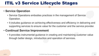 ITIL v3 Service Lifecycle Stages
• Service Operation
• Service Operations embodies practices in the management of Service
Operation.
• It includes guidance on achieving effectiveness and efficiency in delivering and
supporting services to ensure value for the customer and the service provider.
• Continual Service Improvement
• It provides instrumental guidance in creating and maintaining customer value
through better design, introduction and operation of services.
UNIT-I CCS336-Cloud Services Management 36
 