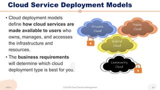 Cloud Service Deployment Models
• Cloud deployment models
define how cloud services are
made available to users who
owns, manages, and accesses
the infrastructure and
resources.
• The business requirements
will determine which cloud
deployment type is best for you.
UNIT-I CCS336-Cloud Services Management 46
 