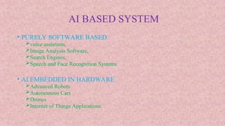 AI BASED SYSTEM
• PURELY SOFTWARE BASED
voice assistants,
Image Analysis Software,
Search Engines,
Speech and Face Recognition Systems
• AI EMBEDDED IN HARDWARE
Advanced Robots
Autonomous Cars
Drones
Internet of Things Applications.
 
