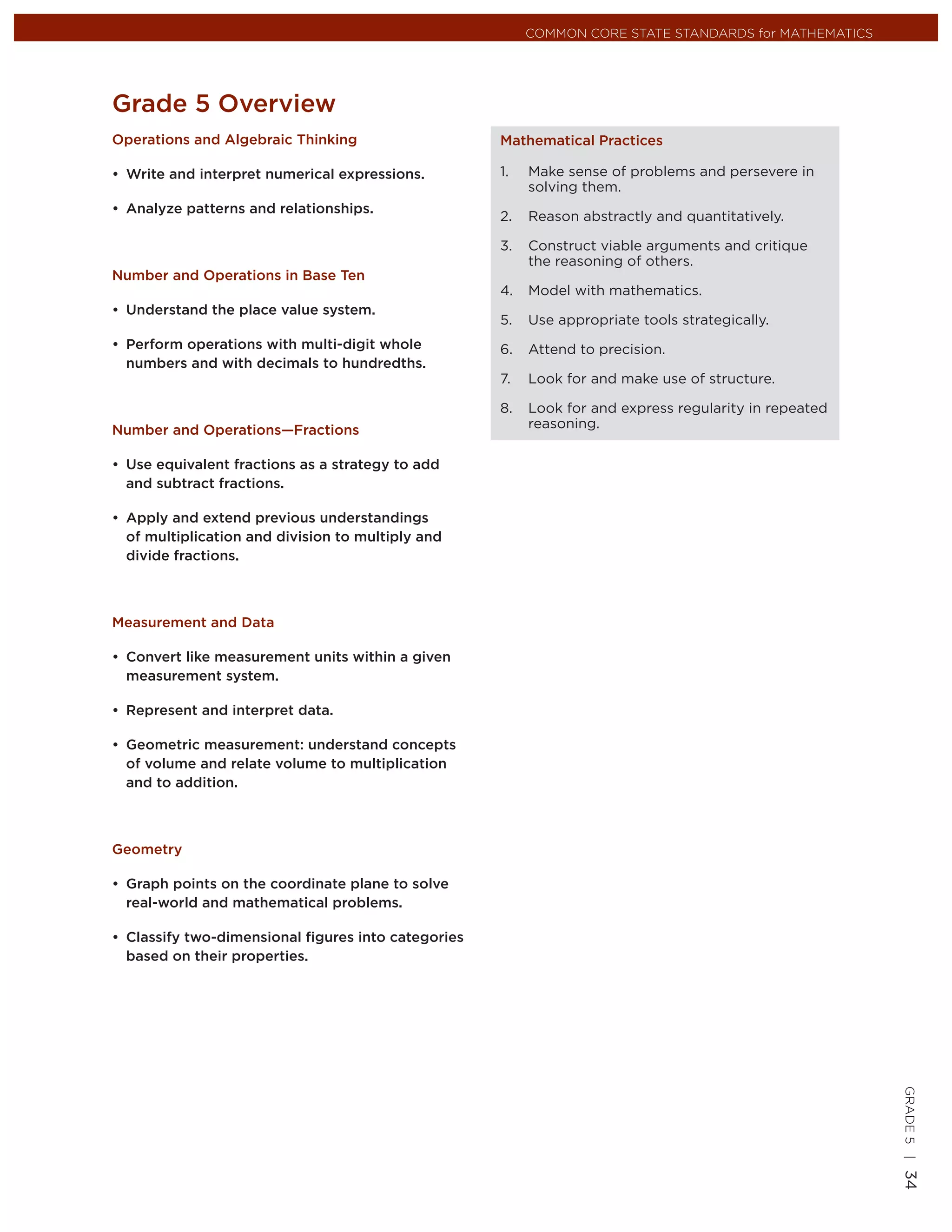 COMMON CORE STATE STANDARDS for MATHEMATICS




Grade 5 Overview
Operations and Algebraic Thinking                   Mathematical Practices

• Write and interpret numerical expressions.        1.   Make sense of problems and persevere in
                                                         solving them.
• Analyze patterns and relationships.
                                                    2.   Reason abstractly and quantitatively.

                                                    3.   Construct viable arguments and critique
                                                         the reasoning of others.
Number and Operations in Base Ten
                                                    4.   Model with mathematics.
• Understand the place value system.
                                                    5.   Use appropriate tools strategically.
• Perform operations with multi-digit whole         6.   Attend to precision.
  numbers and with decimals to hundredths.
                                                    7.   Look for and make use of structure.

                                                    8.   Look for and express regularity in repeated
Number and Operations—Fractions                          reasoning.

• Use equivalent fractions as a strategy to add
  and subtract fractions.

• Apply and extend previous understandings
  of multiplication and division to multiply and
  divide fractions.



Measurement and Data

• Convert like measurement units within a given
  measurement system.

• Represent and interpret data.

• Geometric measurement: understand concepts
  of volume and relate volume to multiplication
  and to addition.



Geometry

• Graph points on the coordinate plane to solve
  real-world and mathematical problems.

• Classify two-dimensional ﬁgures into categories
  based on their properties.
                                                                                                       GRADE 5 |
                                                                                                       34
 