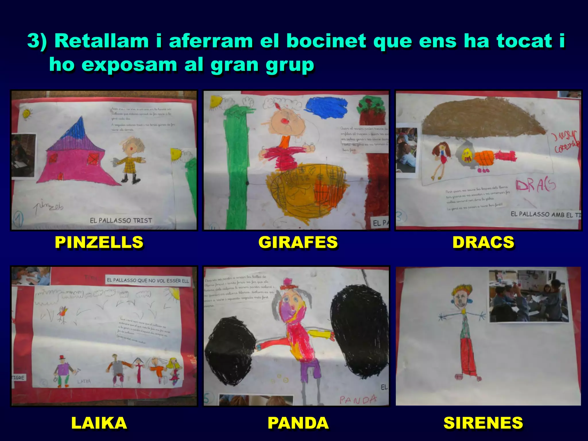 3) Retallam i aferram el bocinet que ens ha tocat i
  ho exposam al gran grup




  PINZELLS           GIRAFES            DRACS




    LAIKA             PANDA            SIRENES
 
