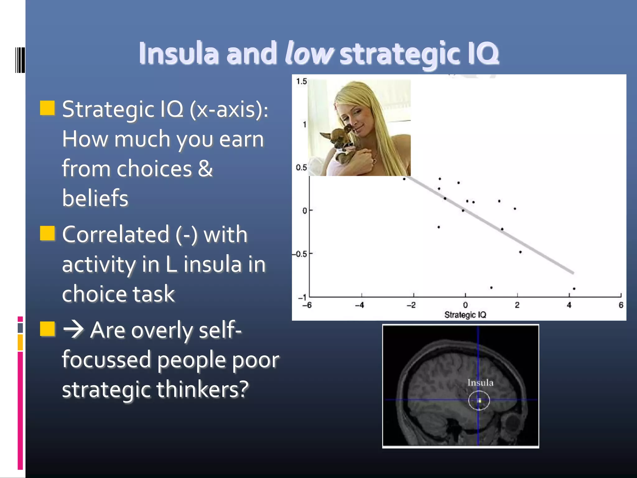 Insula and low strategic IQ
 Strategic IQ (x-axis):
How much you earn
from choices &
beliefs
 Correlated (-) with
activity in L insula in
choice task
  Are overly self-
focussed people poor
strategic thinkers?
 
