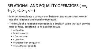 RELATIONAL AND EQUALITY OPERATORS ( ==,
!=, >, <, >=, <= )
• In order to evaluate a comparison between two expressions we can
use the relational and equality operators.
• The result of a relational operation is a Boolean value that can only be
true or false, according to its Boolean result.
• ==Equal to
• != Not equal to
• > Greater than
• < Less than
• >=Greater than or equal to
• <=Less than or equal to
 